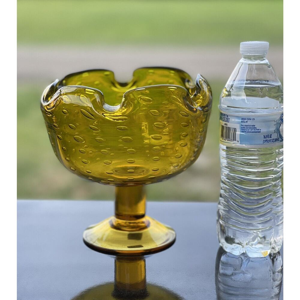 Bischoff Gold Footed Bubbles Compote Bowl Pinched Edge Art Glass Amber Pedestal‎